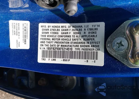2015 Honda Civic Ex from USA, damaged, VIN 19XFB2F8XFE214510